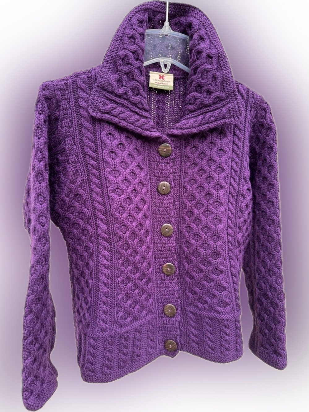 carriag donn IRELAND 100% MERINO WOOL COLLAR CARDIGAN CABLE KNIT S Purple EUC